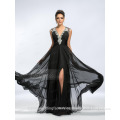 Alibaba Elegant Applique Long New Designer V Neck Black Chiffon Beach Evening Dresses Or Bridesmaid Dress LE16